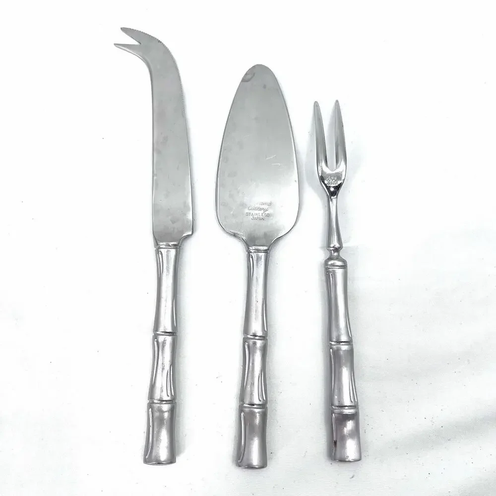 Vintage Supreme Cutlery 3-PC Stainless Cheese Serving Set Bamboo Handles Japan